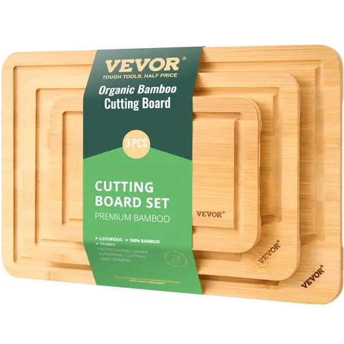 VEVOR 3-Piece Premium Bamboo Cooking Cutting Board Set - Food-Grade Oil Treated, Juice-Groove Clean, Smooth Finish, Grip Handle, Durable, Raw/Cooked Split, 15x10 in Meat Prep, 12x8 in & 9x6 in Fruit Prep Kitchen Chopping Boards