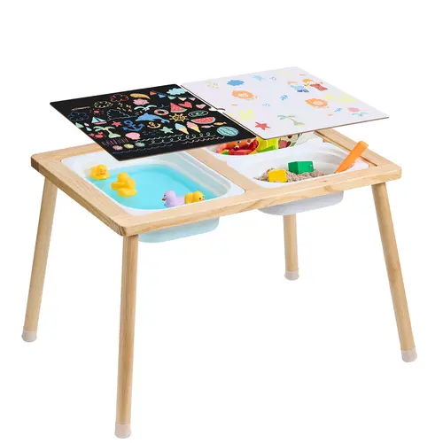 VEVOR Pine Wooden Toddler Folding Activity Table - Toolupgrade Design Play Desk, 2 Double-Sided Tabletops, 3 Foldable Storage Bins, Tool-Free Setup, 66 lbs, 32.1x23.6x19.9 in, 8-10 Years, Playrooms/Patios, Easy Movement, Birthday Gift