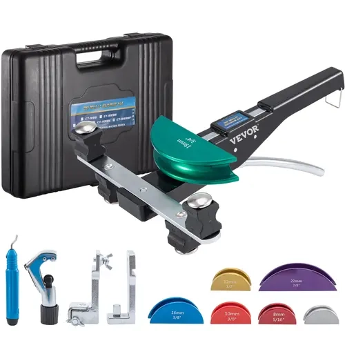 VEVOR Ratcheting Copper Pipe Bender (Upgraded Tool), Father's Day Gift, 7 Colorful Dies (1/4-7/8 in, 6-22 mm), 90° Forward & Reverse Bends, Reverse Bend Attachment for Copper/Alum. Tubes, Ergo Handle, Compact Design, Carry-Box Storage, Construction Tools
