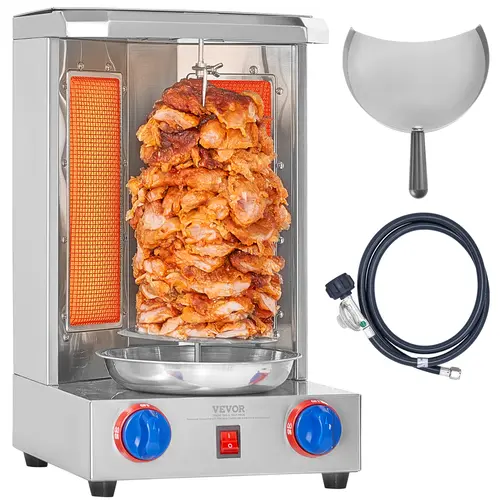 【toolupgrade】VEVOR 17lb Capacity Gas-Powered Stainless Steel Vertical Shawarma Grill Kitchen Appliance, 2 Burners Detachable Copper Rotisserie Oven with Dual Heating Tube, Drip Tray & Removable Parts for Easy Cleanup, Home Doner Kebab Cooker