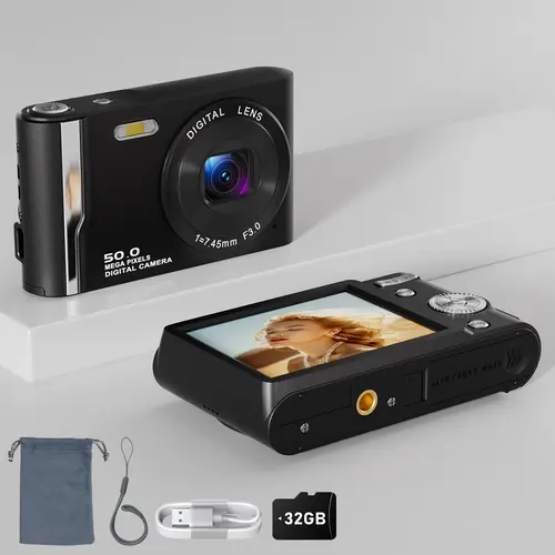 Black Portable Compact Rechargeable Digital Camera with 32GB SD Card, Screen, AVI Support, Electronic Point-and-Shoot Camera for Kids, Student Gift for Pictures