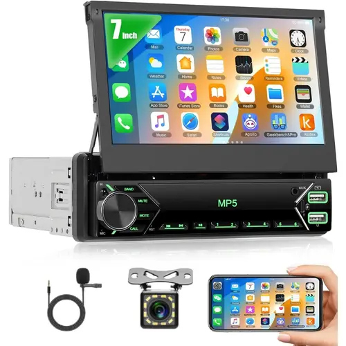 7 Inch Flip Out Single Din Touchscreen Car Stereo - Automotive Car Accessories with Bluetooth, FM Radio, Android/iOS Mirror Link, TF/USB Support, Camera, MIC, Multilingual (Russian, Spanish, Korean) (SummerVibes Father's Day Gift)