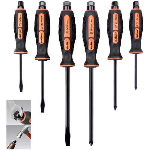 HORUSDY 6-Piece Magnetic Tip Screwdriver Kit - 3 Phillips, 3 Flat Head, CR-V Steel, Heat-Treated, Pound-Thru Blade, Ergonomic TPR Handle Eases Strain, Wall Rack, Durable Multifunctional DIY Screwdriver Sets for Fastening, Seized Screw Pull Tasks
