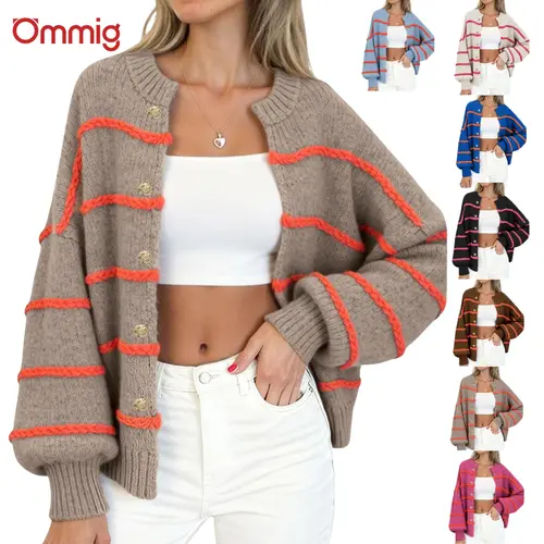 Ommig Women's Cute Knitting Cardigan - Baggy Striped, Thick Knit, Crew Neck, Button Front, Full Length, Long Batwing Sleeves, Retro Chic Vintage Style for Cozy Fashion, New Year Holiday Wear