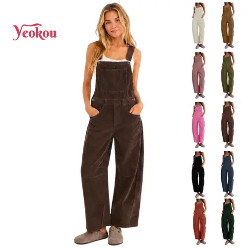 Yeokou Fall Corduroy Overalls for Women Barrel Wide Leg Bib Corduroy Pants Adjustable Romper Jumpsuit with Pockets