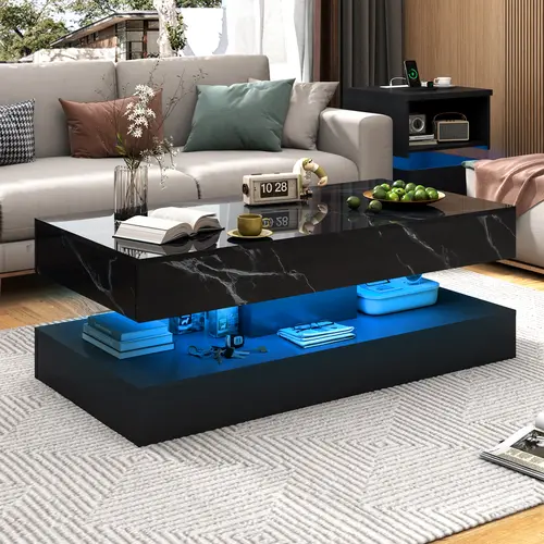 LED Coffee Table with Storage Drawers Modern High Gloss Black 20-Color LED Lights 2 Tiers Rectangle for Living Room Marbling Print APP Control Black/White Futuristic Design Apartment Furniture Home Decor