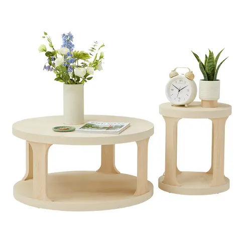 Giratree Coffee Table and End Table Set of 2, Round Coffee Table with 2-Tier Storage, Accent Side Table for Living Room