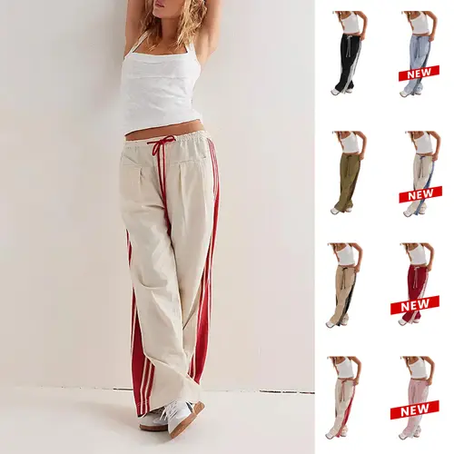 SCUSTY Women's Wide Leg Pants with Pockets Side Striped Drawstring High Rise Slouchy Palazzo Pants