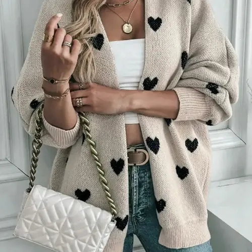 Women's Heart Print Bishop Sleeve Cardigan, Valentine's Day Casual Long Sleeve Open Front Knitwear for Spring & Fall, Cardigan for Women, Fashion Women's Knit Clothing for Daily Wear, Gift, Valentines Cardigan