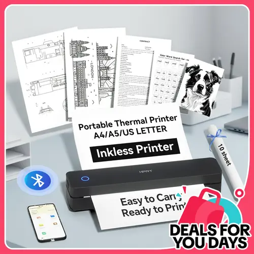 Portable Wireless Bluetooth Thermal Printer, Inkless Travel Printer for iOS Android Laptop, Mobile Printer for Home Office, Supports 8.5x11 US Letter & A4 Paper#SummerWins #DealsForYouDays