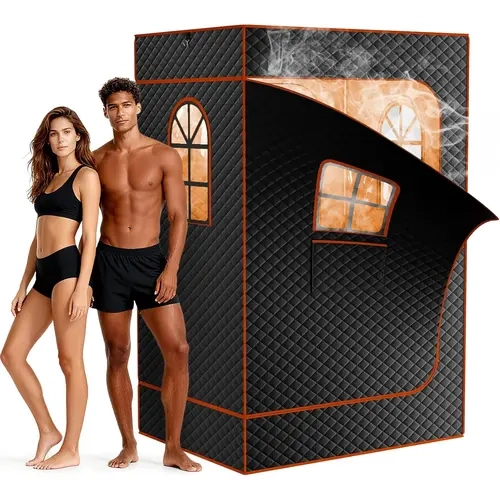 ABORON Upgraded 2-Person Infrared Portable Sauna Box - 71"x49"x36" Oxford Fabric Adult Full Body Tent, 3L 1200W Steamer, 144-Lamp Panel, Remote Control, 2 Folding Chairs, Phone Pocket, Aroma Oil Box, Stress Relief for Home & Gym [DealsforYouDays]