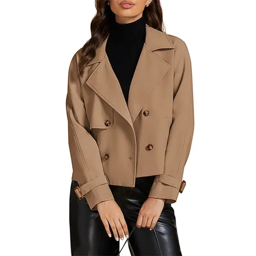luvamia Women's Elegant Polyester Cropped Trench Coat - Double Breasted, Notched Lapel, Long Sleeve, Casual Loose Outerwear with Pockets for Women's Fashion Business Clothes & Tops
