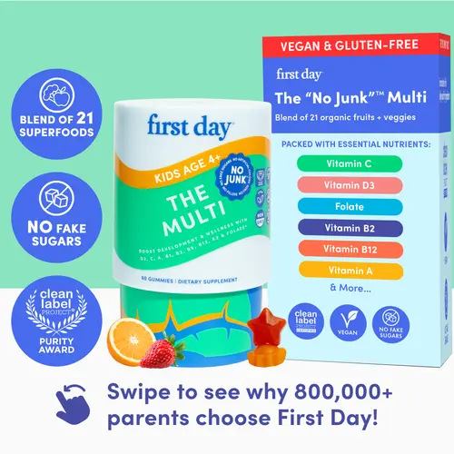 First Day Kids Multivitamin Gummies Ages 4-12, Natural Strawberry Orange Flavor - 21 Organic Superfoods, 9 Key Nutrients, Vitamin C D3 B12 Folate - Immunity, Healthy Growth, Energy, Picky Eater Approved - 30-Day Supply, Vegan, Non-GMO, No Junk Dietary