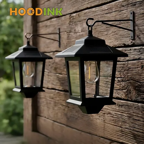 Hoodink Iron Outdoor Solar Wall Lanterns (2-Pack) - 4 Photovoltaic Panels, Anti-Rust, Warm White, Waterproof, Fast Charging, Energy Saving, Portable, No Wiring, DIY Friendly, Brackets, Batteries, Auto On/Off, DC Power Supply, Patio Garden Decor Lights
