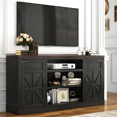 66" Farmhouse TV Stand with Power Outlets for 75 65 Inch TVs, 33" Tall Entertainment Center with Storage Cabinets w/Adjustable Shelves, Rustic Large TV Media Console for Living Room, (Black/Brown/White)