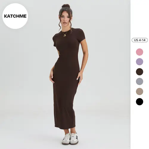 KatchMe Women's Basic Solid Color Round Neck Short Sleeve Slinky Maxi Dress, Lightweight Casual Wear, Minimalist Womenswear, Summer Sundress