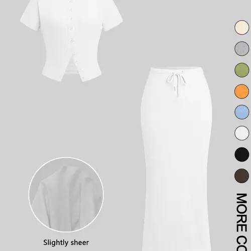 Women's Solid Round Neck Button Front Tee & Drawstring Split Hem Skirt Two-piece Set, Casual Basic Short Sleeve Top & Skirt for Everyday Wear, Ladies Two-piece Outfits for All Seasons, Matching Clothing Set Women