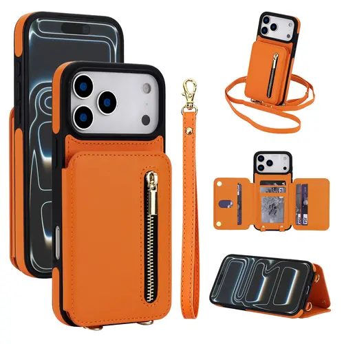 Blocking Zipper Wallet Crossbody Case for iPhone 18 Pro Max 17 16 15 14 13 Pro Max with Card Slots Wrist Strap Kickstand and Shockproof Protection