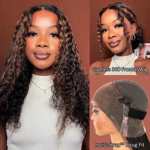 70% OFF| Deep Wave Dark Highlight 360 Skin Lace Cozy Invisi Strap Pre Everthing 360 Lace Frontal Glueless Install Wig