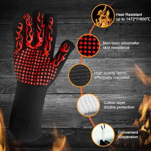 BIG HORN OUTDOORS 5-Finger High-Temp Heatproof Ambidextrous Aramid Fiber & Cotton Silicone Non-Slip Oven Mitts - Durable, Hand-Washable, Universal Fit, Kitchenware Baking Accessories