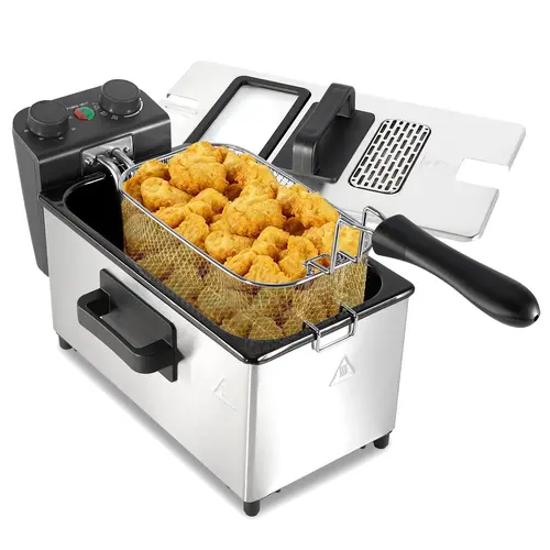 Kerilyn Large Deep Fryer with Basket, 3.2QT Stainless Steel Electric Oil Fryer,1700w Deep Fryer with Time & Temperature Control  Removable Basket, Lid with View Window,Perfectfor Kitchen,Fry Fish,Professional Style fryer