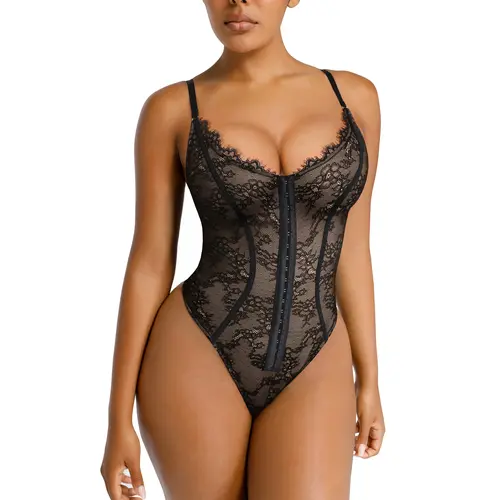 Shapellx Lace Glamour Thong Bodysuit Tummy Control Tops Front Button Design Sexy Womenswear Fit Skinny
