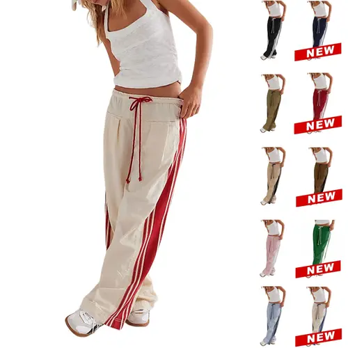 Tanming Womens Side Stripe Pants Drawstring Elastic Waist Wide Leg Sweatpants Track Trousers with Pockets Casual Spring Summer Fall Work School Vacation Loungewear Outfits Clothing