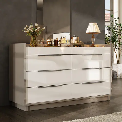 AMERLIFE Modern LED 8/5 Drawer Dresser Set with Glass Tabletop, Jewelry Storage, Lift-Top Mirror & High Gloss Finish for Bedroom, Living Room, Dressing Room - Cream & Grey/Best Gift Ideas/Christmas Gifts[TikTokShopFallDealsForYou]