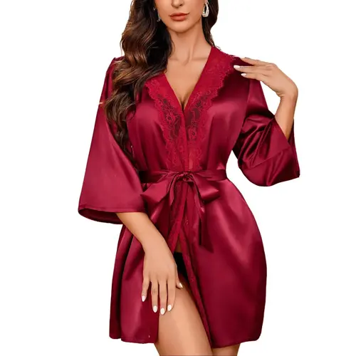 Avidlove Women's Kimono Robe Short Satin Pure Short Silky Robes Super Soft 3D Stereo Cut Adjustable Belt Elegant V-Neck Floral Lace Bathrobe for All Seasons Dress Birthday