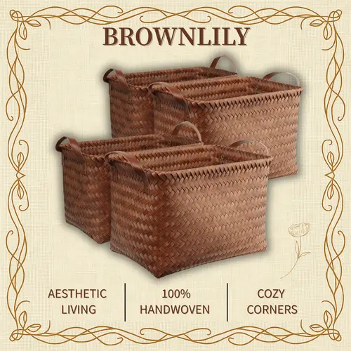 BROWNLILY 4 Pack Handwoven Wicker Storage Baskets, Large Storage Bins, Rattan Style Home Storage Organizer for Shelves, Closet, Laundry Hampers, Clothes & Blanket Storage, Bedroom & Bathroom Organization