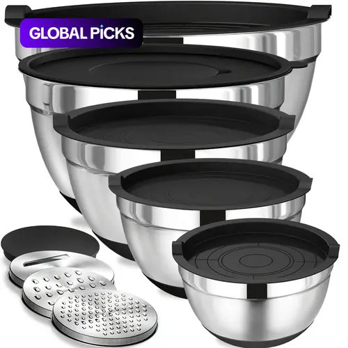 Stainless Steel Mixing Bowl Set, 8-Piece Stackable Nesting Metal Mixing Bowls with 3 Vegetable Slicers for Baking, Serving, and Storage #GLOBAL PICKS