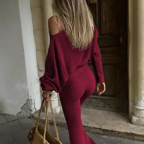 Women's Plain Two Piece Set Solid Skew Neck Strapless Long Sleeve Loose Top Flare Long Pants Party Club Street Daily Outfits Fashion Style Sets