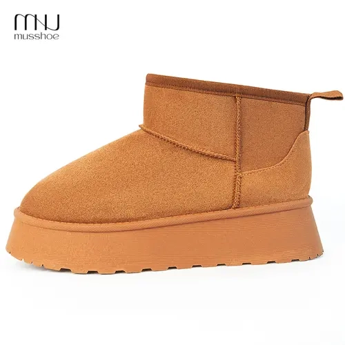 MUSSHOE Women's Slip-On Faux Fur Lined Suede-Look Mini Winter Ankle Snow Booties - Black, Lightweight Non-Slip Rubber Walking Shoes, Runs Big - Size Down