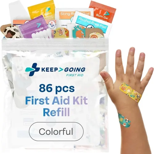 KEEP-GOING 86-Piece Refillable First Aid Refill Pack, Standard Sizes, Travel Friendly Kit for Family GoKit & SuperKit Restock, Portable Latex-Free Essentials with Colorful Bandages, Kids Stickers for Home & Car Backpacks