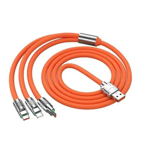 120W High-Power Wired Fast Charge Silicone Cable - Orange, Tangle-Free, LED 3-in-1 USB to Micro USB/Type-C/Lightning, Flexible Durable Digital Electronic Accessory for Cellphone & Devices, Portable Travel Charger