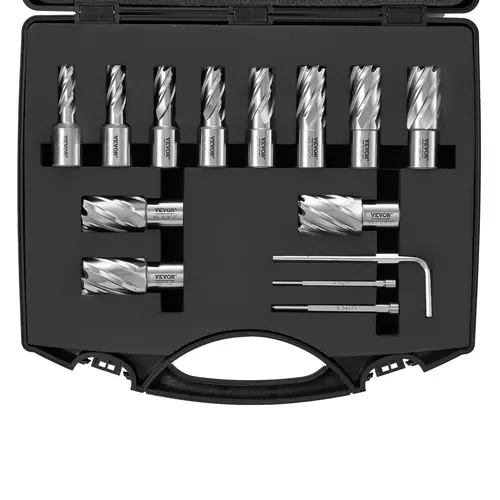 VEVOR 13-Piece Annular Cutter Full Set, Weldon Shank Power Tool Accessories for Magnetic Drills, M2AL HSS Anti-Jam Blades, M2AL Heat Resist, 7/16"-1-1/16" Cutting Diameter, 1" Cutting Depth, 2 Pilot Pins, Hex Wrench, Chip Clearance, Portable Case