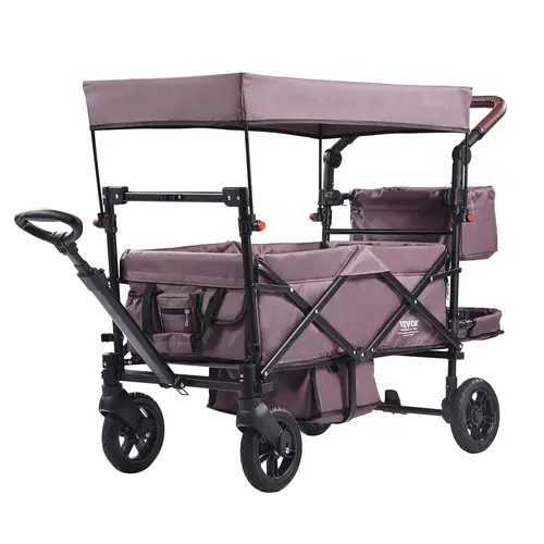 【DealsForYouDays】VEVOR 2-Kid Foldable Tandem Stroller, Push-Pull Quad Pushchair with 1-Hand-Fold, Adjustable Handle, Encircling Harness, Removable Sun-Shielding Canopy, Shock-Absorb 4-Brake Wheels, Calmer 2Kid Tandem Ride for Camping