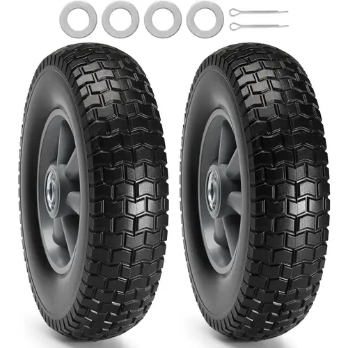 VEVOR 2-Pack 10-Inch Solid PU Flat-Free Tubeless Tire Wheels with Axle, 2.5" Wide Traction, 180lb Dynamic/220lb Static Load, Bounceback Support, Dust/Water Seal, Deep Tread, Easy-Swap Hardware for Transport (2-Pack for Quick Replacement)