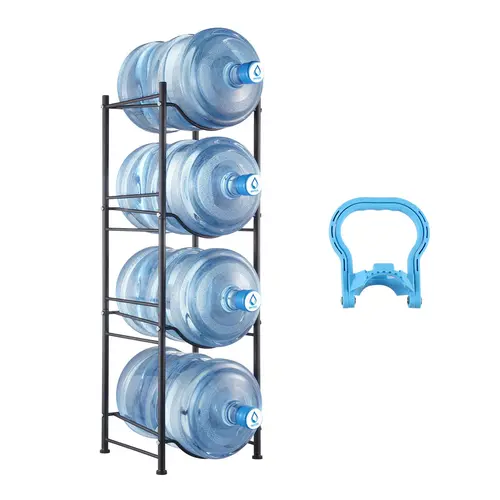 VEVOR 4-Layer Single Row Freestanding Storage Rack, Minimalist Industrial Rectangle 5 Gal 4-Bottle Water Jug Holder, Heavy-Duty Anti-Tip Safety Sliding-Preventing Kitchen Organizer, Garage Storage Rack, Black, 13 x 13 x 41.2 in