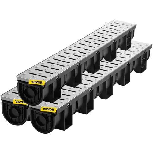 VEVOR 3-Pack Trench Drain System, 5.9x5.1-Inch HDPE Channel with Metal Grate, 3x39-Inch Black Plastic Garage Grate, 3 End Caps, Concrete-Compatible Outdoor Water Drainage for Garden Patio, Easy Installation & Efficient Drainage