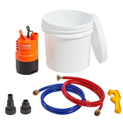 VEVOR Submersible Tankless Water Heater Descaling Kit, 1/3hp Power 1980 GPH Flush 16-Foot Head Pressure Pump, 3.7 Gal Pail Ready, 2 Hoses, Wrench, Adapter, Plastic Anti-Corrosion Stainless Steel Quick-Install Tool