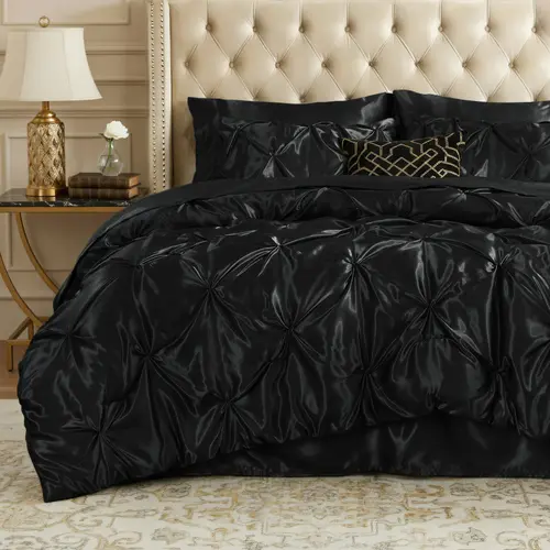 Bedelite Full 7-Pc Satin Comforter Set - Luxury Pintuck Bedding Set with Satin-Soft Touch, Comforter, Flat Sheet, 15" Deep Fit Fitted Sheet, Shams, Pillowcases, All-Season Bed Cover & Quilt Home Gift, Bed Cover Set