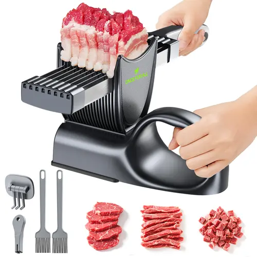 ONCE FOR ALL 2nd Gen Sturdy Durable Table Top Manual Meat Slicer with Handle, Stainless Steel Adjustable Blade, Safety Guard, Washable Cleaning Brush, Fruit Chopping Appliance, Meat Shredder Kits for Home Hot Pot Kitchen Utensils Accessories