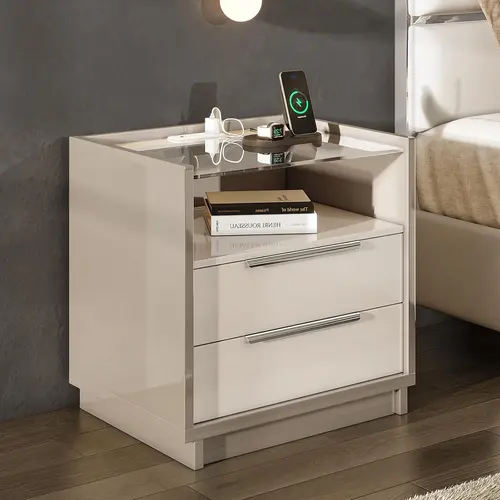 AMERLIFE 23.6" High Gloss End Table with Glass Tabletop, Modern Bedside Table with Charging Station, 2 Drawers Nightstand for Bedroom[TikTokShopFallDealsForYou]