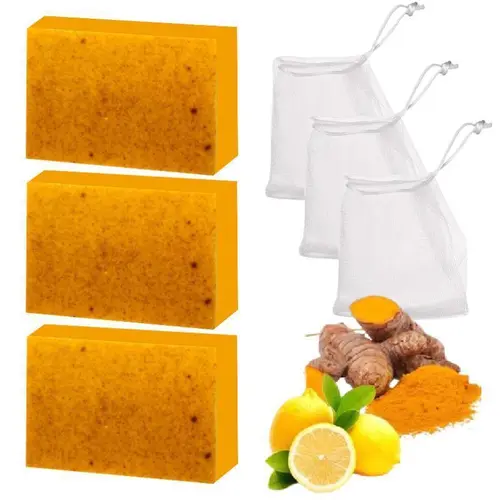 3PCS Lemon Turmeric Kojic Acid Cleansing Bar Soap - 4.5oz Gentle Daily Body Care Cleanser, Dark Spot Remover, Organic Bath & Shower Self Care Product (Back to School)