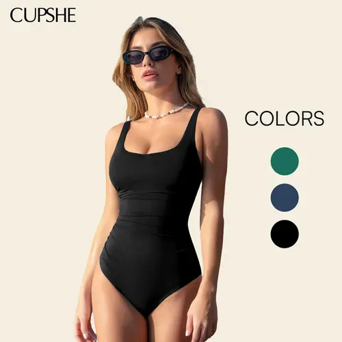 CUPSHE Women's Sleeveless Clean Square Neckline Confidence-Boosting 1-Piece Swimsuit - Slim Fit, Chic Tummy Control, Back Cutout, Full Bum Coverage, Retro Vibe, Modern Lines, Beach & Swimming Wear
