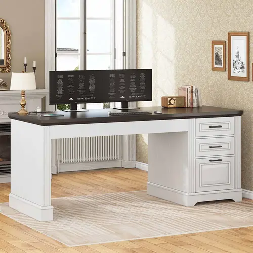Sedeta 55-in Luxury Office Computer Desk, Durable Wood & Metal Home Office Workstation with 55"l*21.7" Spacious Desktop, Built-in Outlets, 3 Drawers, Multi-Compartment, Sturdy Frame, Assembly Required
