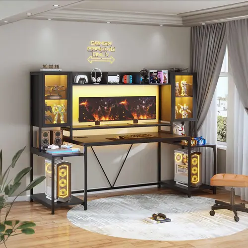 Sedeta 74.8-in Sturdy Modern Wood-Metal Large Computer Desk - Multi-Functional Gaming Desk with Metal Frame, Ergonomic Design, Dual Monitor Setup, LED Lighting, Storage Shelf, Monitor Stand, Standing-Sitting Option, Apartment Office Furniture