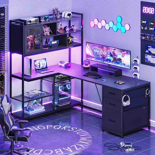 Sedeta 58-Inch Durable Modern L-Shaped Workstation - Wood & Black Metal Ergonomic Corner Gaming Desk with 7 Shelves, Drawers, LED Lighting, Cabinets, Armoires, Corner Bookshelf, Desk Accessories for Dual Monitor, Home Office, Bedroom Use