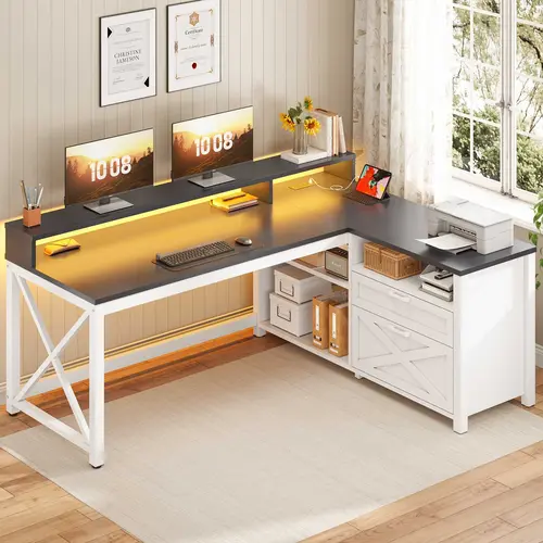 Sedeta Sturdy Metal L-Shape Corner Computer Desk - 55" Wide Work Zone (55x18.89in), Drawers, Shelf, Printer Storage, Dual Monitor Stand, LED Lighting, Desk Accessories for Home Office WFH Setup & Posture Organization, Bedroom Use, Home Office Ideas